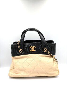 Pre-owned Chanel Calfskin Quilted In-The-Mix Small Shopping Tote Beige Black